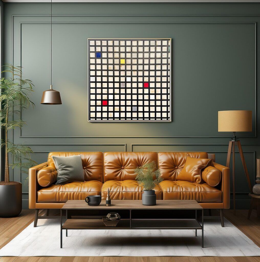 living room, couch, furniture, space, wall, art, abstract, artwork